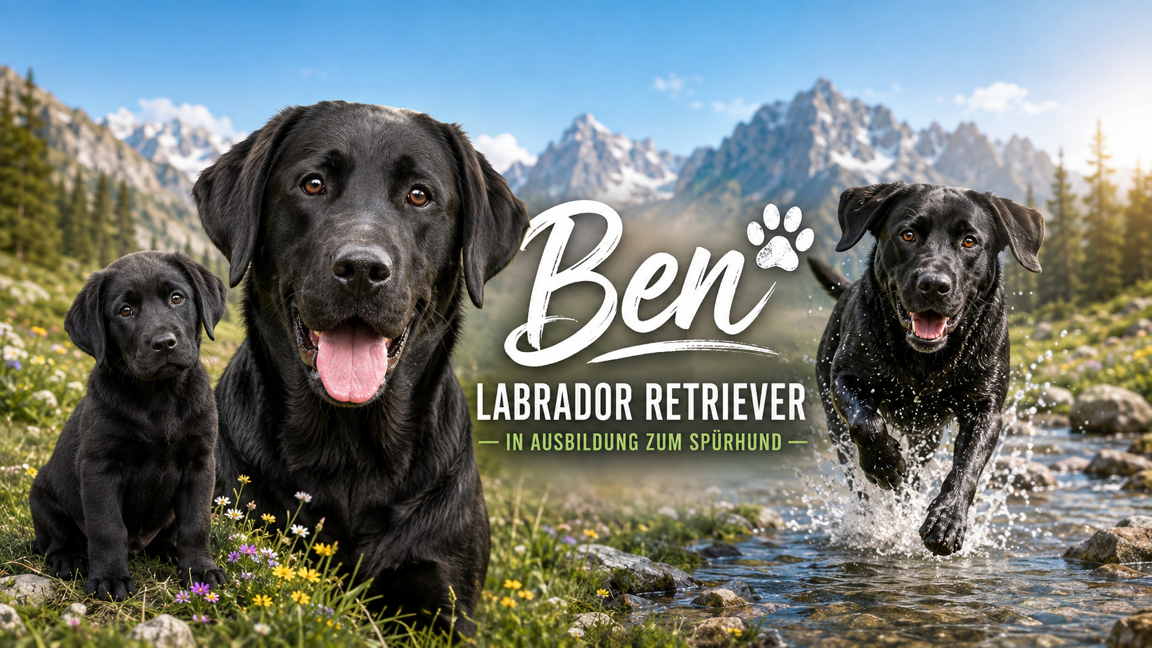 Ben als Welpe und junger schwarzer Labrador in einer Berglandschaft und im Wasser, mit Schriftzug Ben